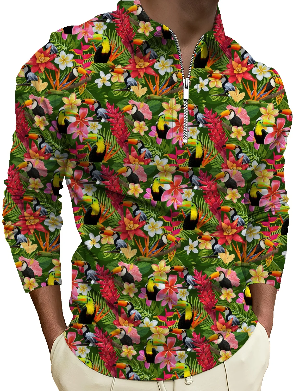 

Half zipper personalized floral shirt men's long-sleeved trendy handsome retro floral shirt slim fit printed pattern top