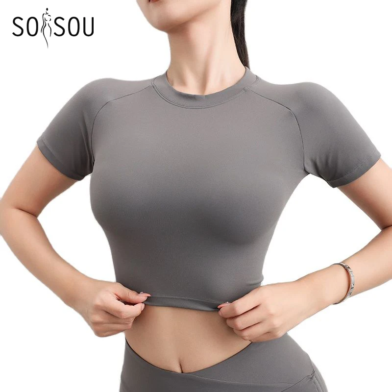 Фото SOISOU нейлоновый топ, женская футболка, рубашки для спортзала, йоги, плотный эластичный дышащий спортивный топ для фитнеса, женская одежда, 4 размера, 5 цветов №2