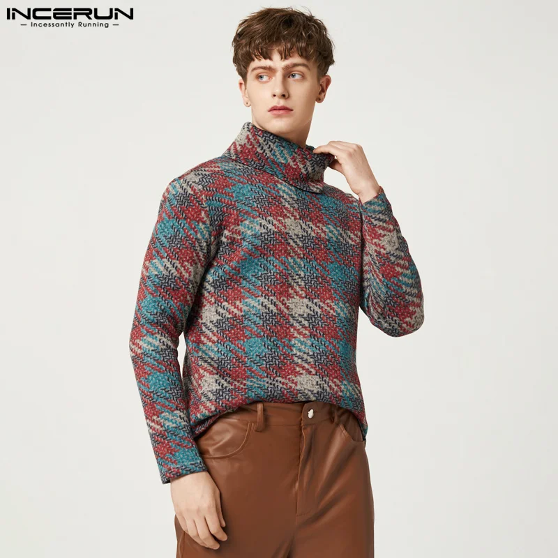 

INCERUN Men Sweater Plaid Streetwear Turtleneck Long Sleeve Casual Men Clothing 2023 Spring Cozy Fashion Leisure Pullovers S-5XL