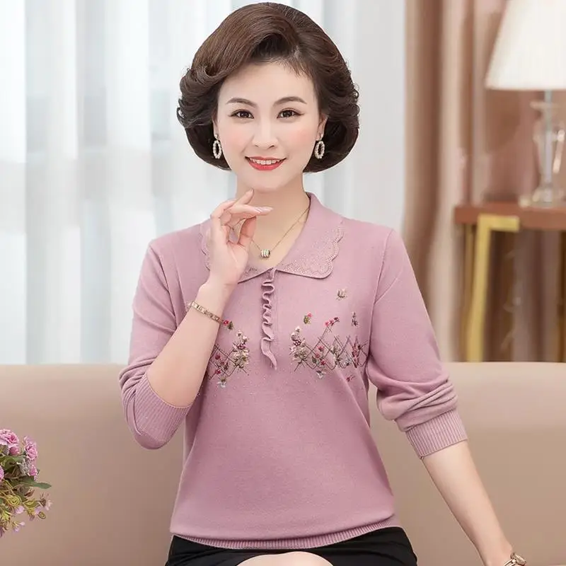 

2023 New Casual Spring Autumn Women Sweater O-Neck Lotus Flower Long Sleeve Tops Female Jumper Lapel Loose Knitted Pullover F2