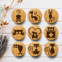 new engraved cute cat wooden drawer knob boho nursery cabinet pulls nature wood coat hook childrens room furniture handles