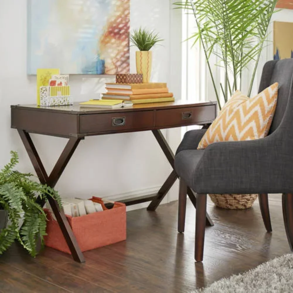 

Wood X-Base Campaign Writing Desk with Drawers, Wood, Steel，Strong and Durable，24.00 X 42.00 X 30.00 Inches