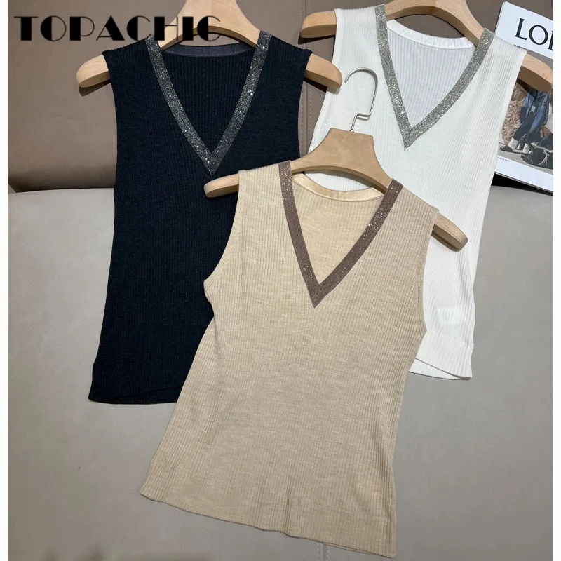 

6.27 High Quality Beading Chain V-Neck Sleeveless Stretch Slim Soft Cashmere Knitted Tank Top Women