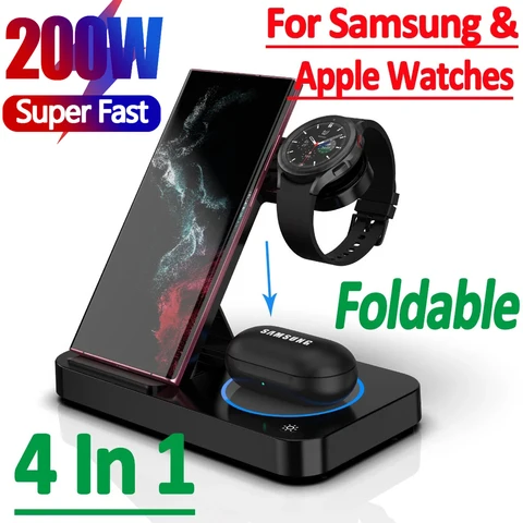 Беспроводное зарядное устройство 4 в 1, 200 Вт, складная док-станция для быстрой зарядки IPhone 14 13 12 11 Pro Max Samsung Apple Watch Airpods