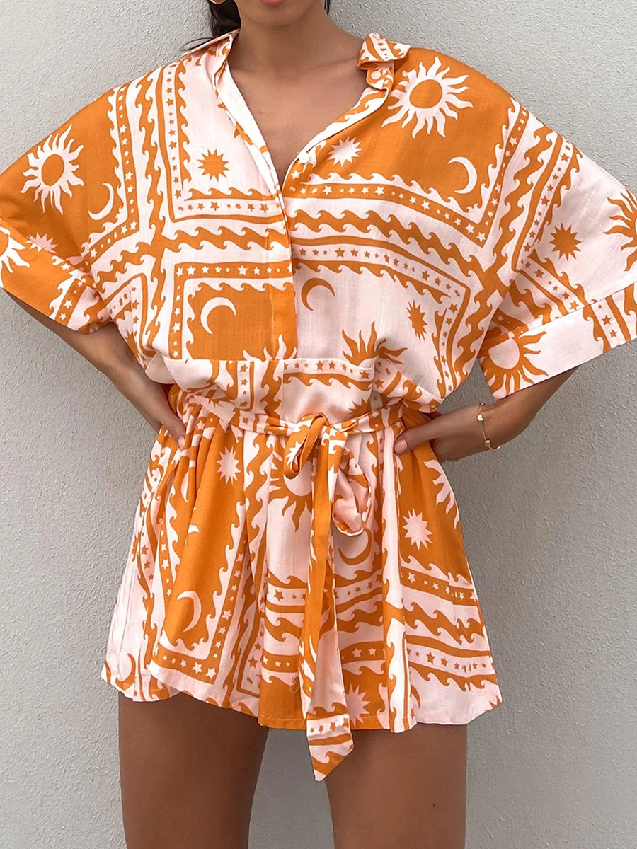 Женский Летний комбинезон с рубашкой и шортами принтом в виде