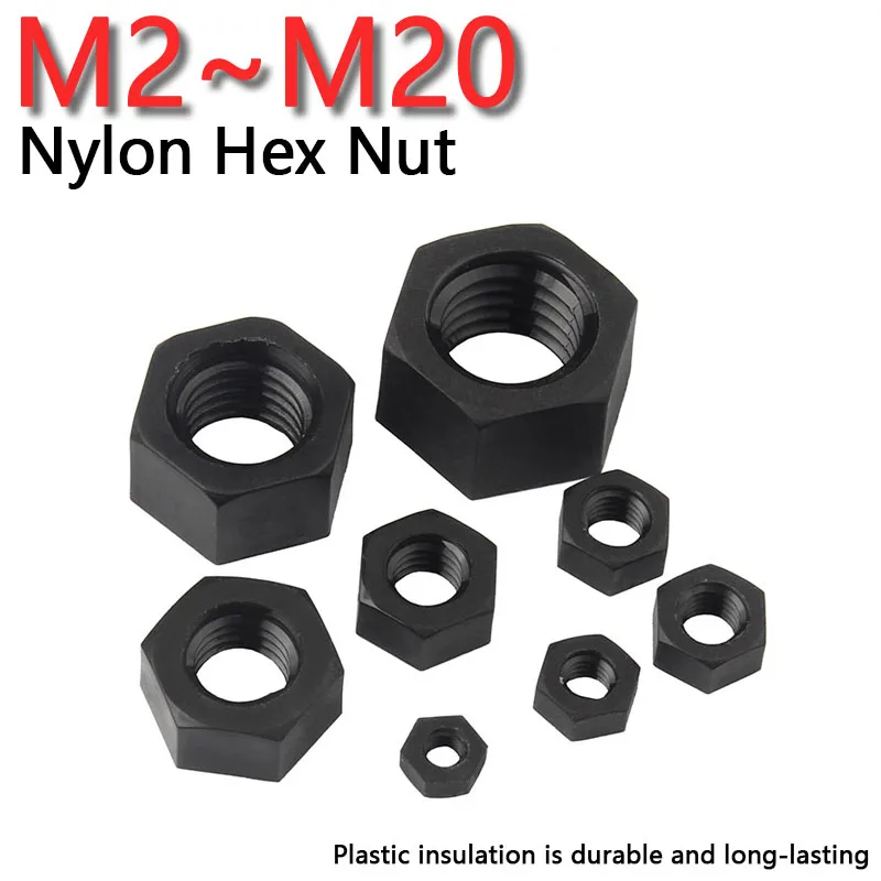 

M2 M2.5 M3 M4 M5 M6 M8 M10 12 M14 M16 M18 M20 Черная нейлоновая шестигранная гайка Пластиковые изоляционные гайки Подходит для винтов Болты