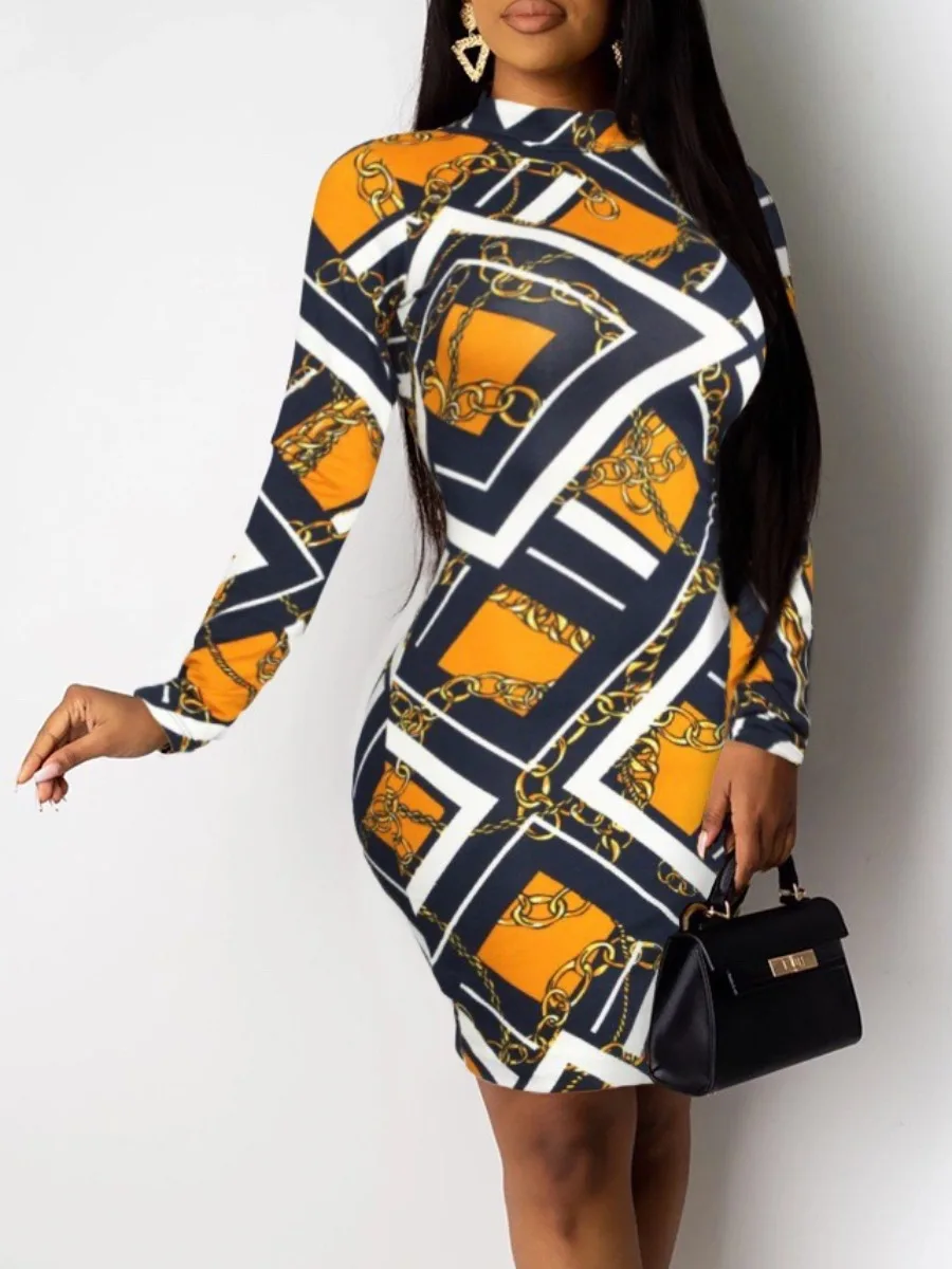 

LW Winter Autumn Elegant Women Dress 2022 New Stylish Casual Chain Geometric Print Bodycon Long Sleeve Mock Neck Female Clothing