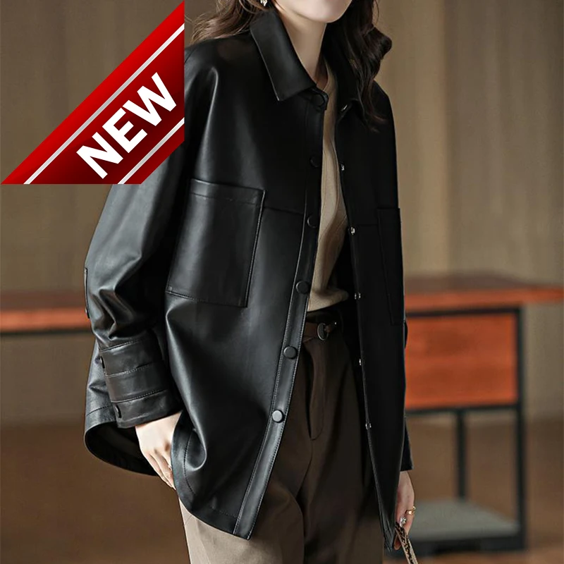 

Spring Jacket Women's Sheepskin Simple Single-breasted Slim fit Blouse Middle Long Lapel of suit Genuine Leather Jacket Female