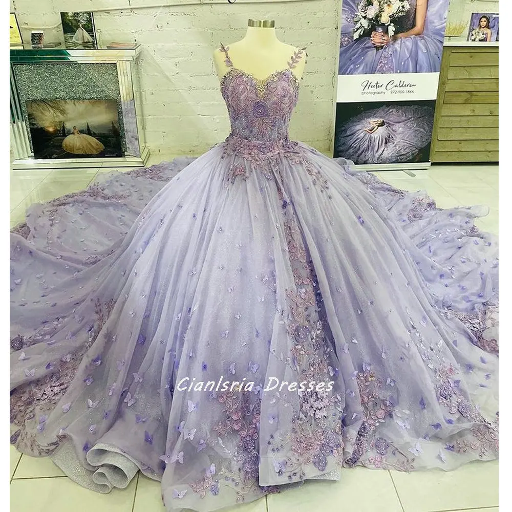 

Lilac Crystal Beading Floral Appliques Lace Quinceanera Dresses Ball Gown Spaghetti Strap Sleeveless Corset Sweet 15 Girls Party