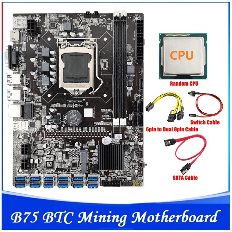 B75 ETH Mining Motherboard LGA1155 12XPCIE To USB+CPU+SATA Cable+6Pin To Dual 8Pin Cable B75 BTC Miner Motherboard