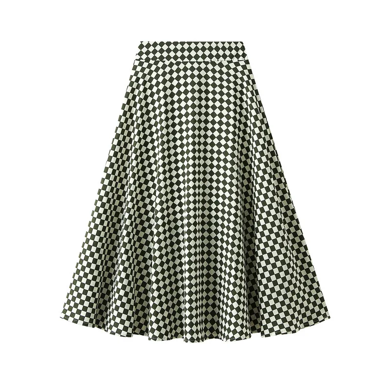 Checkerboard Houndstooth Plaid Skirt for Women VD2910 High Waist Blue Green A Line Elastic Waist Women Long Midi Skirt