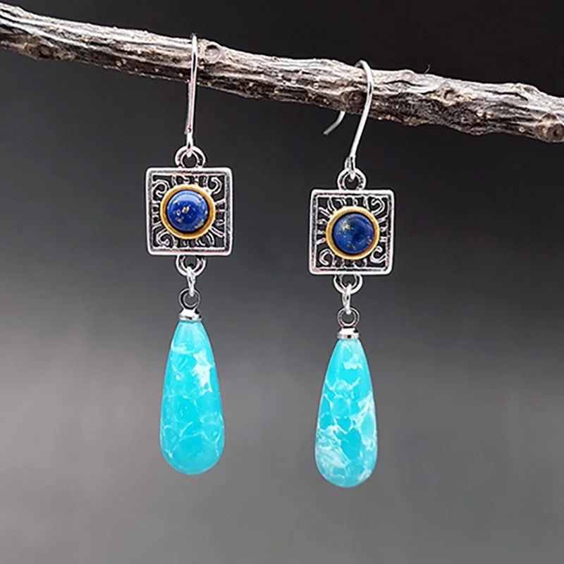 

Boho Orchid Jade Drop Earrings Antique Two-Tone Lapis Lazuli Drop Gemstone Earrings