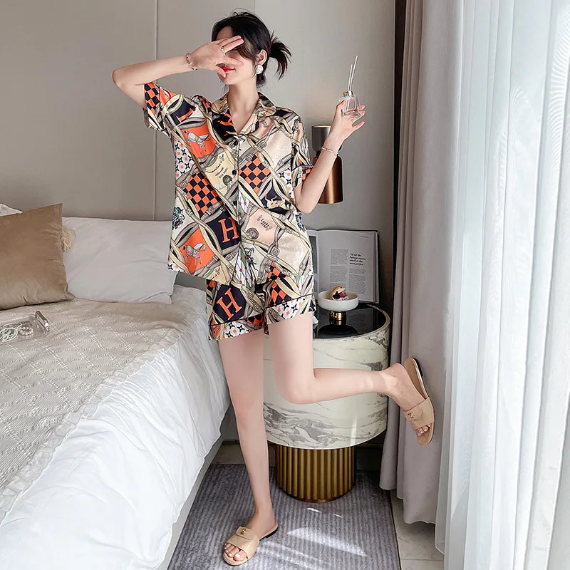 Summer New Thin Pajamas Women's Suit Korean Fashion Ice Silk Cardigan Home Wear Short Sleeve Shorts Suit