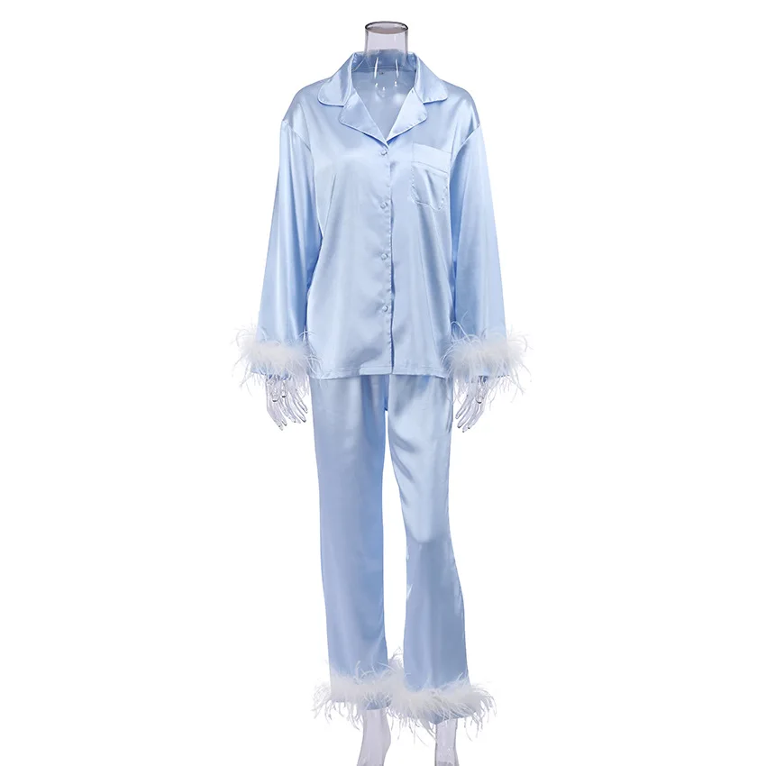 Women Pajamas Long Sleeve Feather Sleep Tops Loose Trousers Fashion Casual Solid Two Piece Set Pijamas Y2k Woman Sleep Clothing