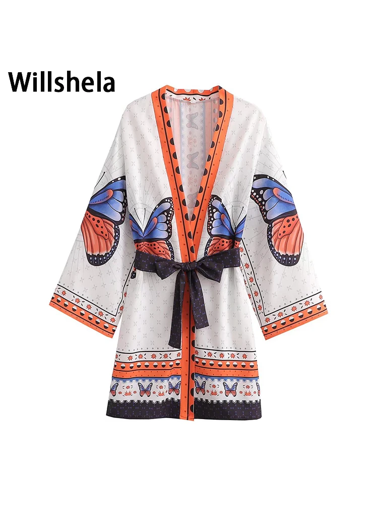 

Willshela женское модное мини-платье с поясом, винтажное платье с v-образным вырезом и длинными рукавами, женские шикарные платья