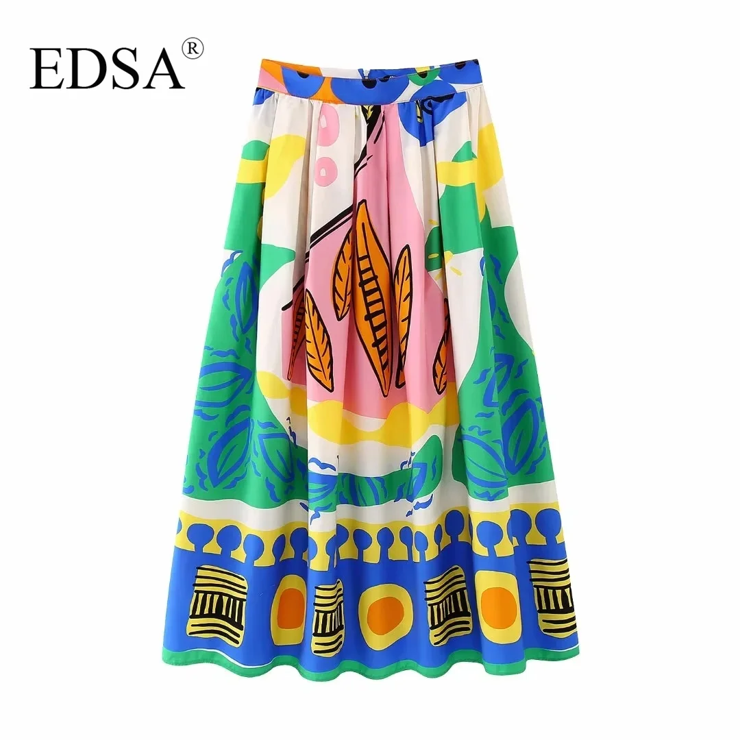 

EDSA Women Fashion Printed Voluminous Pleated Skirt 2023 Summer High Waist Midi Skirts Invisible Zip Streetwear