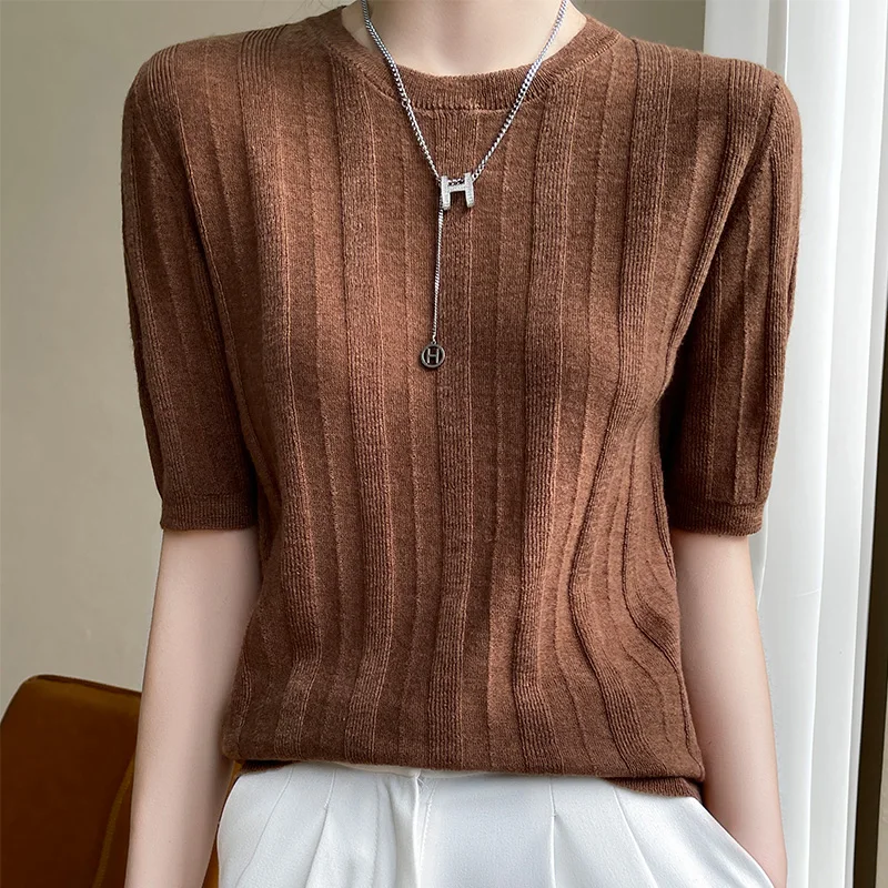 

Women's Crewneck Slim Fitting Thin Short Sleeve Knitting Pullover Spring Summer Basic Style Simple Wool Solid Bottoming Top