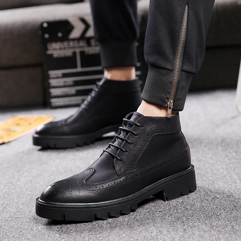 

men's fashion genuine leather boots lace-up carved brogue shoes handsome cowboy platform boot spring autumn ankle botas zapatos