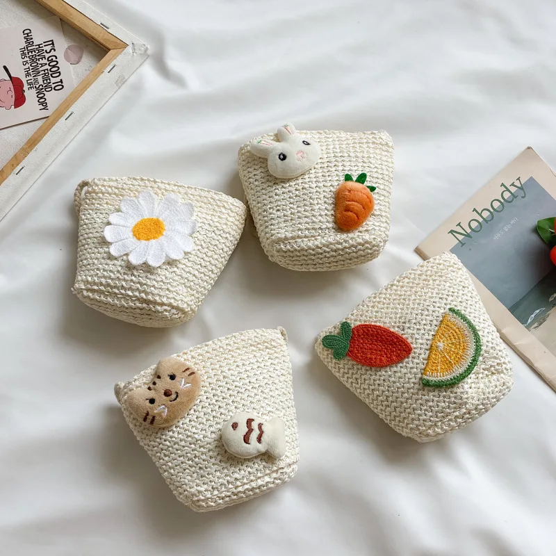 Sun Flower Children Straw Coin Purse Handbags Cute Cartoon Princess Small Shoulder Bag Lovely Baby Girls Mini Crossbody Bags