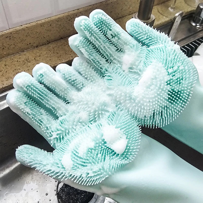 1Pair Dishwashing Cleaning Gloves Silicone Rubber Sponge Glove Household Scrubber Kitchen Clean Tools Dropshipping Kitchen