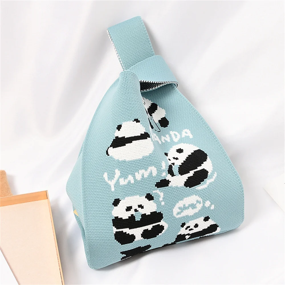 New Knitted Bag Student Cute Panda Cat Print Handbag Women Retro Mini Knot Wrist Bag Japanese Lady Leisure Tote Bag حقيبة تسوق