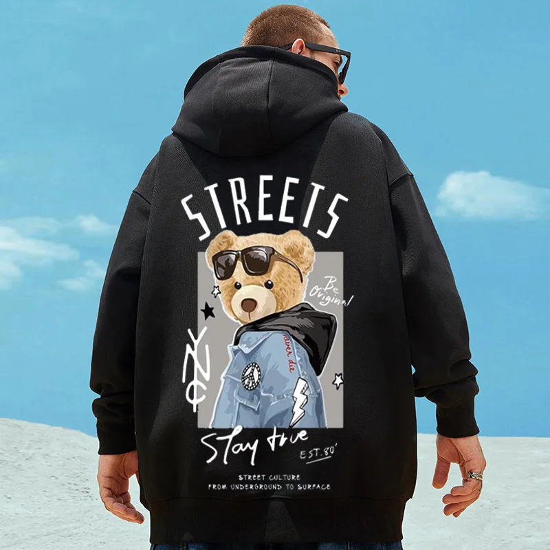 

Fall and Winter Fashion New Men's Long-Sleeved Sweater Creative Bear Printing Casual Loose Padded Thickened Hooded Trend Tops
