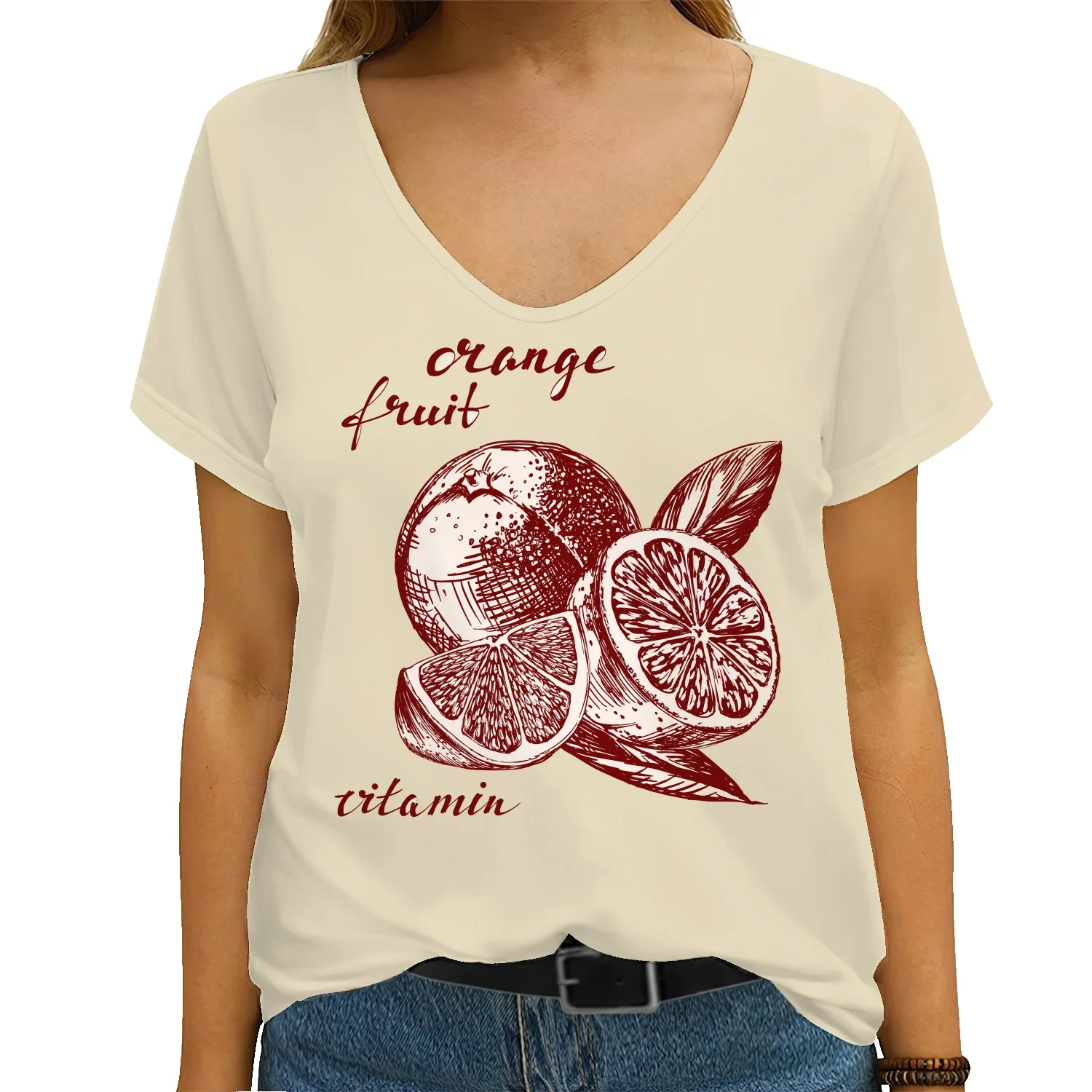 

Summer Women Harajuku T Shirt Lemon V-Neck Streetwear Fruit Cartoon 3D Printed Cotton Comfortable Versatile Casual Short Sleeve