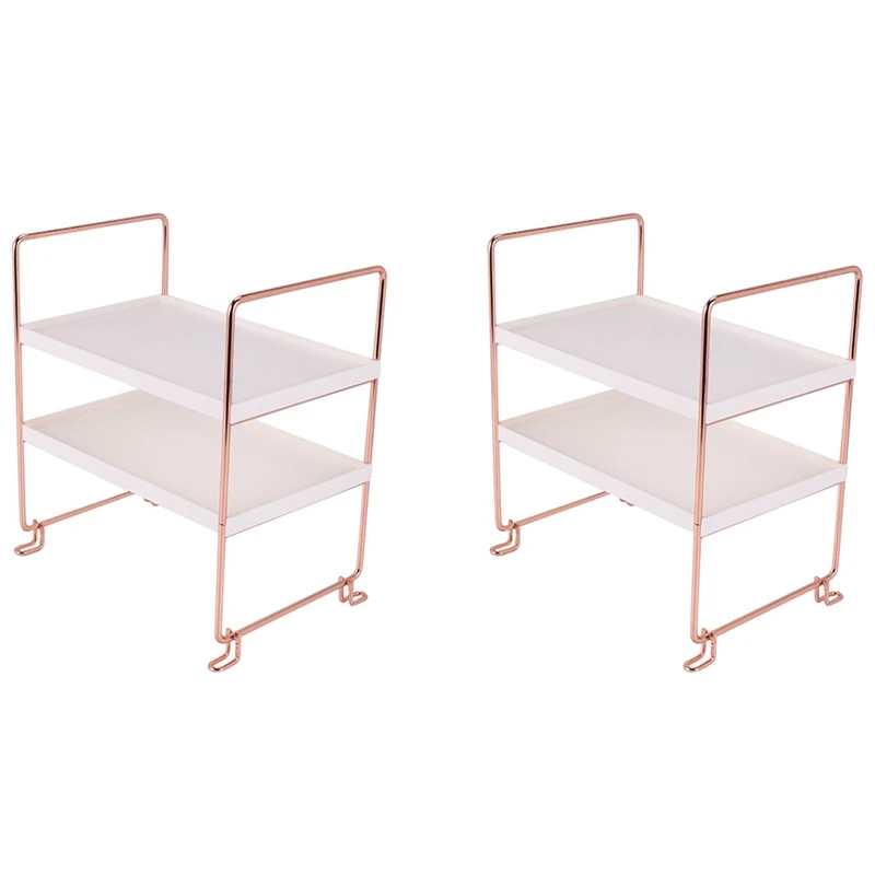 

2X Desktop Storage Rack Rose Gold 2 Layers Bathroom Makeup Organizer Assembled Kitchen Seasoning Iron Storage Shelves