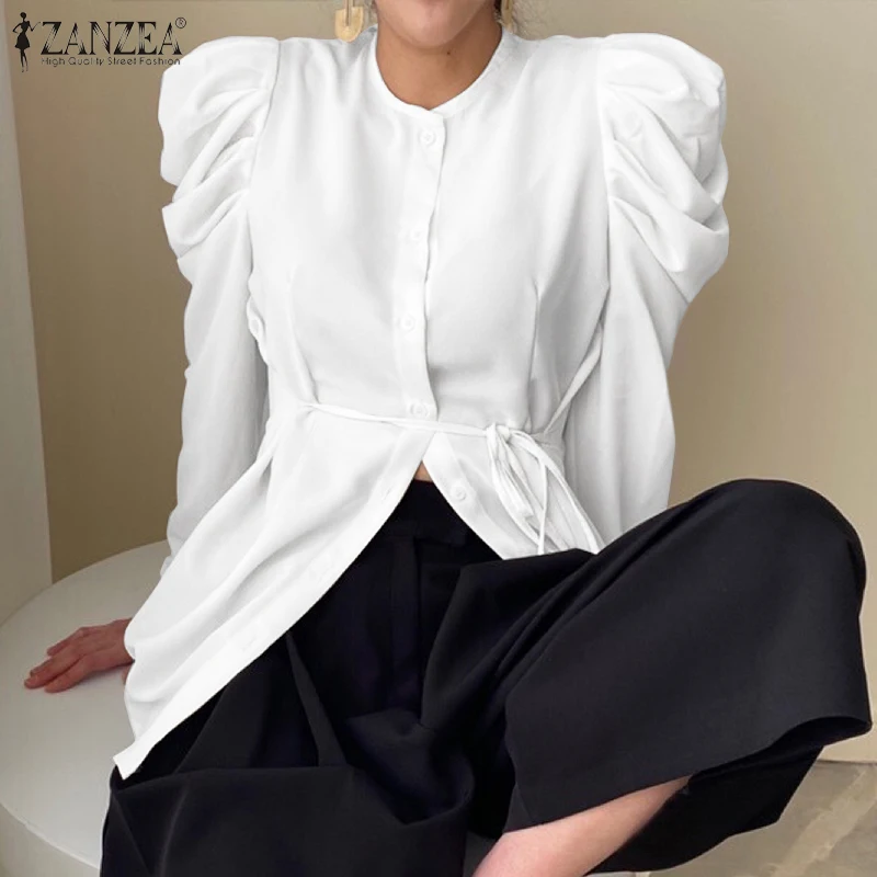 

Vintage Button Tunic Top 2022 Fashion Women Office Work Blouse ZANZEA Elegant Long Puff Sleeve Shirt Spring Solid Belted Chemise