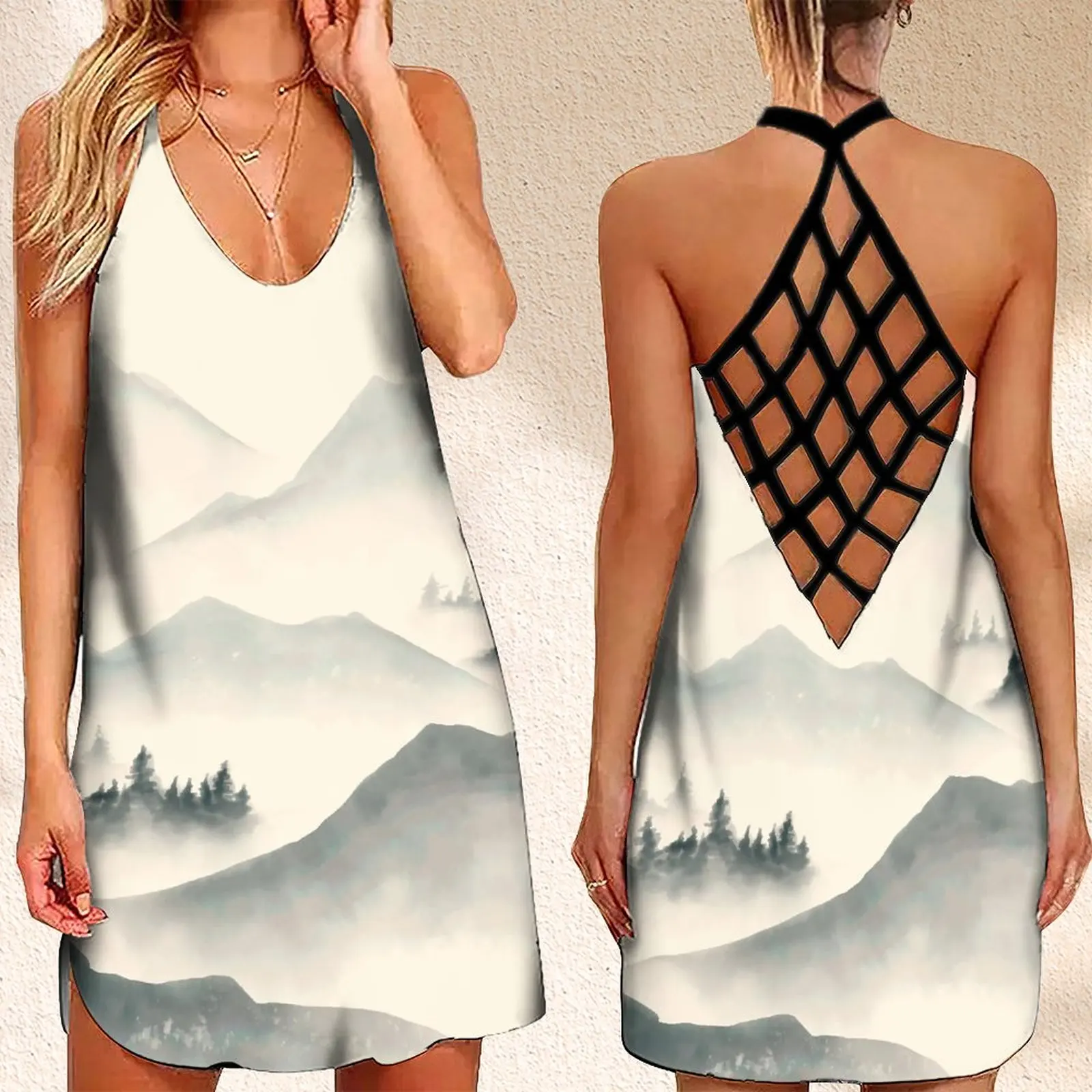 

Женское платье без рукавов, Элегантное летнее платье с открытой спиной и чернильным принтом