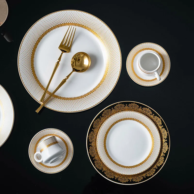 

Luxury Gilded Porcelain Dinner Plate Golden Border Ceramic Steak Plate Hotel Restaurant Tableware Set Fruit Dessert Plate Dishes