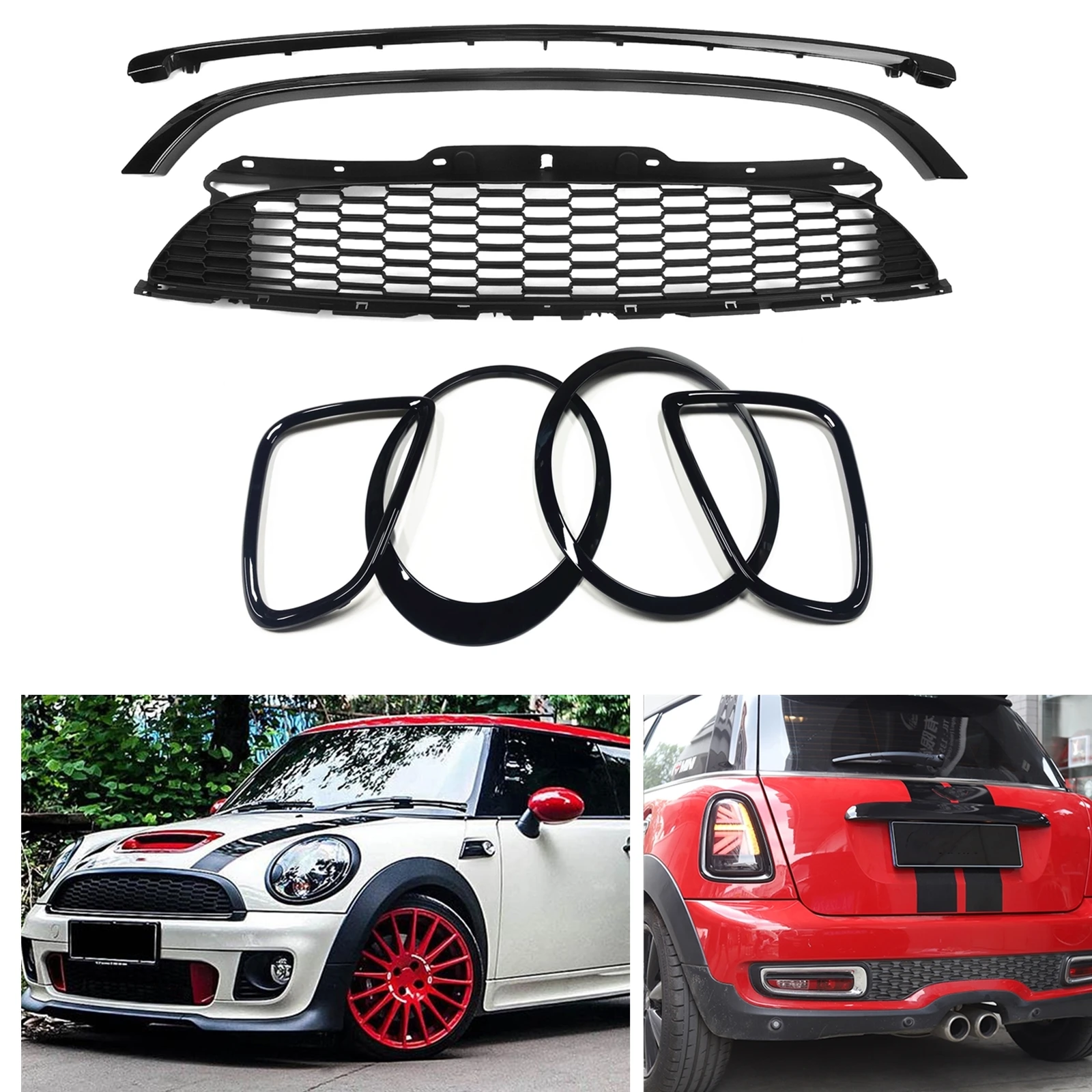 

Rear & Front Headlight Eyebrows Trim + Front Bumper Trim + Front Grille Grill For MINI COOPER R55/R56/R57 2007-2015 JCW Style