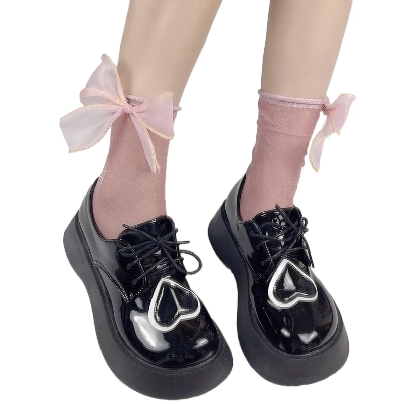 

Women Summer Glitter Metallic Shimmer Mesh Ankle Socks Japanese Style Sweet Detachable Polka Dot Plaid Bowknot Shiny Gauze Sheer