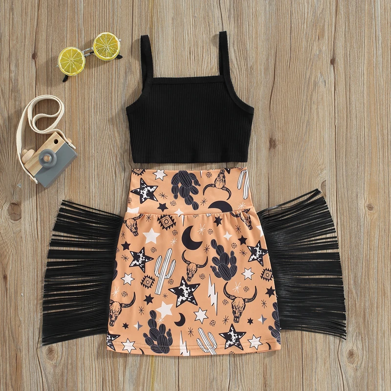 

Listenwind 1-6Y Toddler Girls Summer Chic 2PCS Outfit Sets Black Sleeveless Camisole + Cactus & Cattle Head Print Skirt