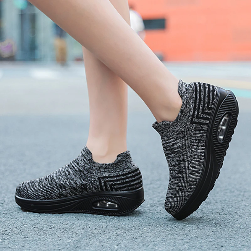 Light Women's Sneakers Air Cushion Cushioning Stretch Cloth Sock Shoes Slip on Platform Casual Sport Footwear Morning Running