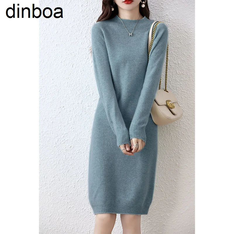 

100%woolen Knitted Midi Autumn Dress Women Knitwears Half Turtleneck Soft Thicken Warm Long Sleeve Sweaters Lady Jumper Vestidos