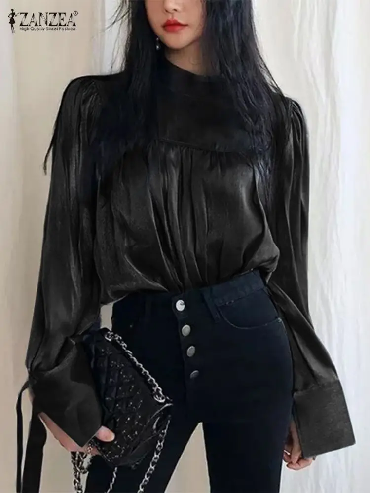 

Блузка ZANZEA Женская атласная с длинным рукавом и воротником-стойкой, осень 2022