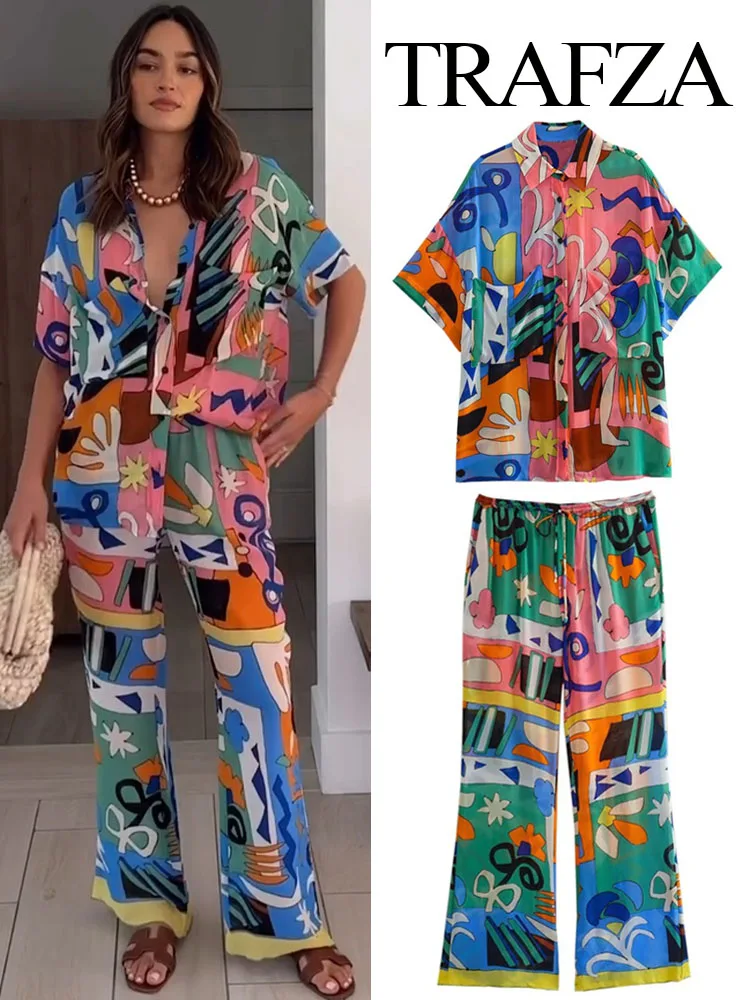 

TRAFZA Summer Fashion Women's 2 Piece Suit Chic Casual Single Breasted Blouse＋Bow Lace Up Drawstring Pocket Print Wide Leg Pants