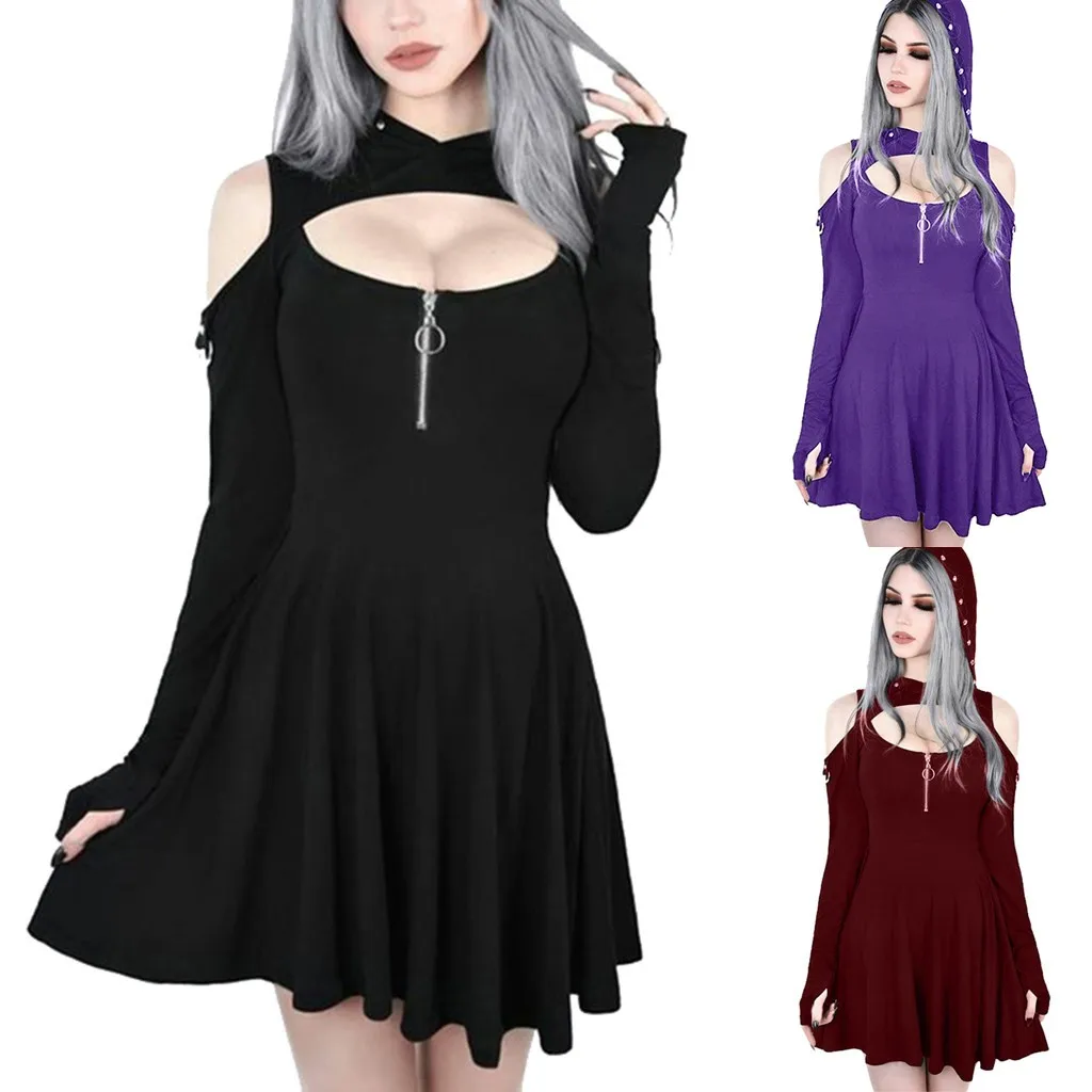 

Платье с открытыми плечами, готическое женское Короткое платье на молнии с капюшоном, модное однотонное женское платье на новый год