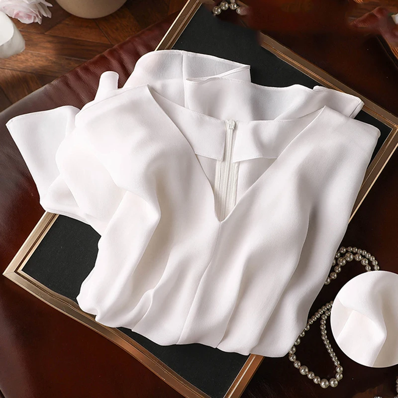 

Elegant Women Summer Batwing Sleeve Silk Shirt Korean Fashion Casual White Blouse V-Neck Solid Thin Tops Loose Clothes 27201