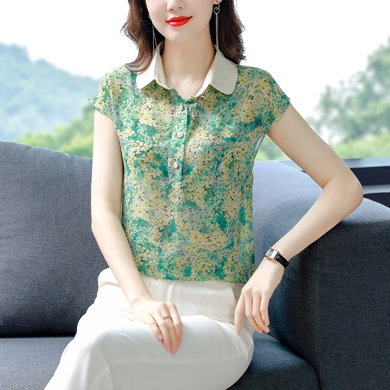 

Turn-down Collar Chiffon Shirt Women Tops Blouse 2023 Summer New Korean Floral Print Short Sleeve Casual Loose Lady Clothes 4XL