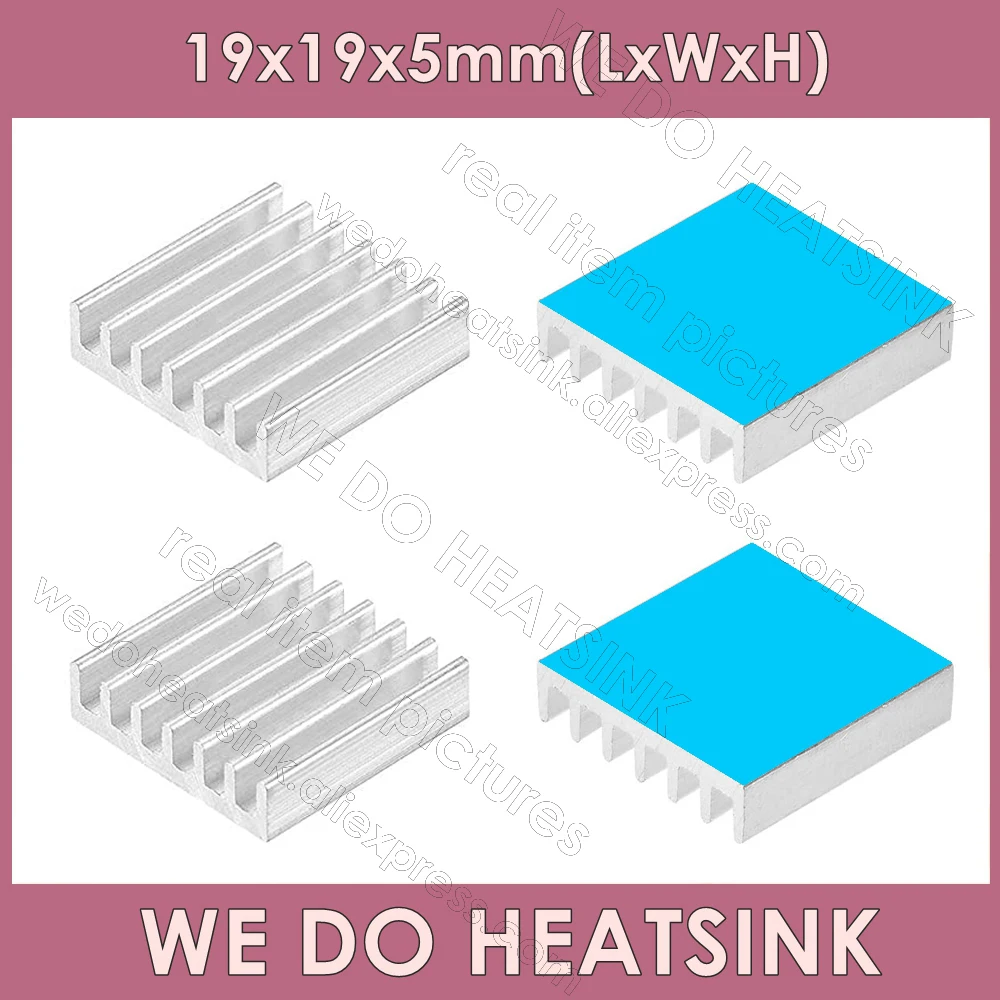 Мы производим радиаторы 19x19x5 мм без или с термолентами, серебряный радиатор, алюминиевый радиатор охлаждения для IC светодиодный