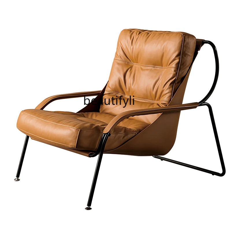 

HJ Leather Couch Italian Single Leisure Chair Metal High-End Armrest Chair
