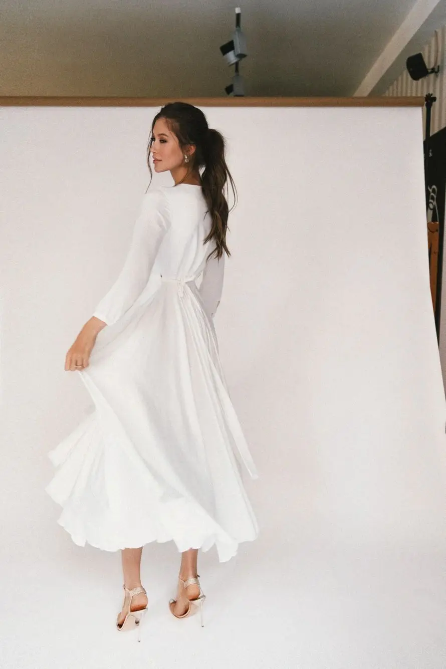 PLEINDI Luxury Evening Dresses V-Neck Long Sleeves A-shaped Tea-Length Chiffon 2022 New of Ruched Exquisite Prom Dress Women