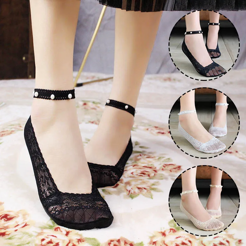 

New Summer Lace Invisible Socks Women's Anti-slip Anklet Breathable Pearl Sweet Solid Color Cotton Boat Sock Girls Thin Socks