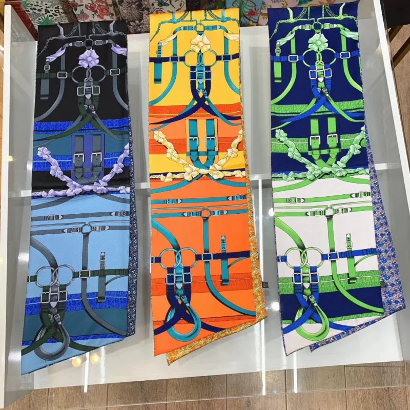 Новинка 2023 двухслойный женский длинный шелковый шарф с принтом и цепочкой