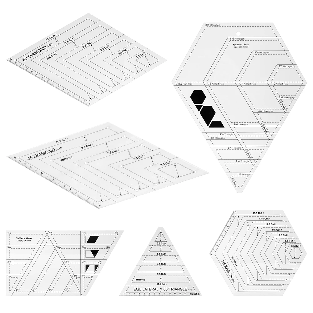 

6pcs 45 60 Degrees Triangle Template Quilting Ruler Set Trapezoid Measuring Diamond Shape Tailor Hexagon DIY Sewing Patchwork