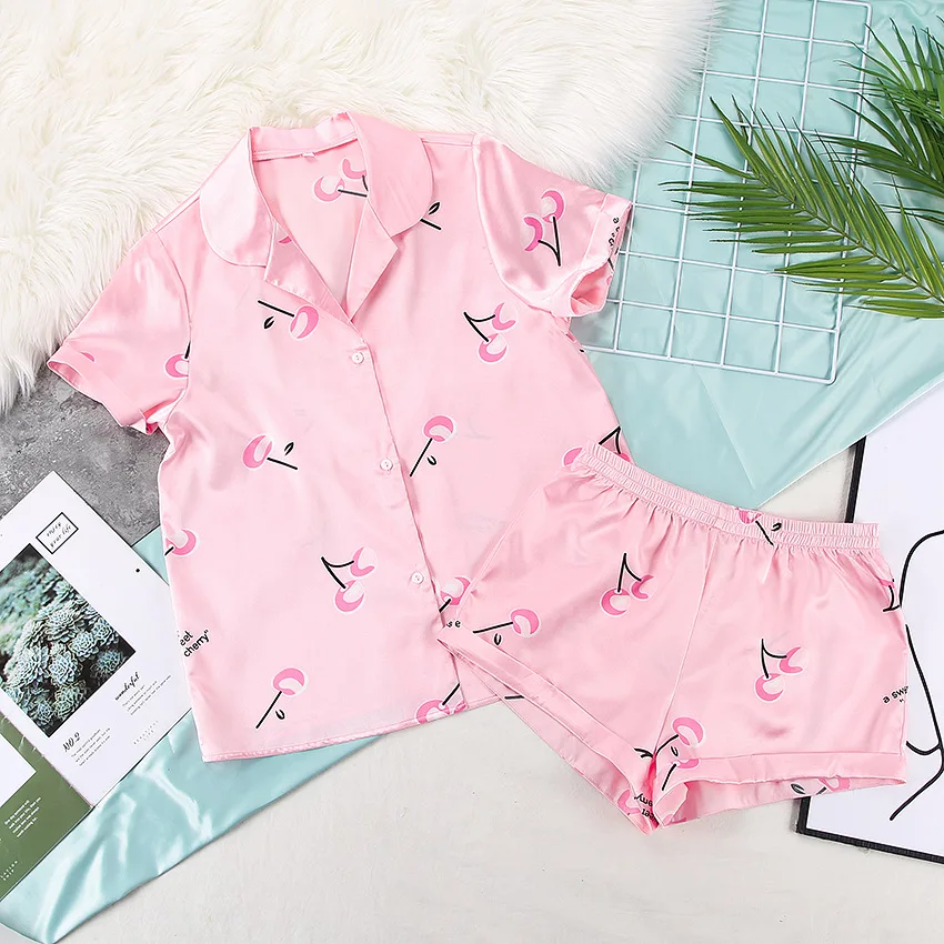 Women's  2 Piece Pajamas Sets Turn Down Collar Faux Silk Satin Female Pijama Sleepwear Short Sleeve Shorts Loungewear Pyjama