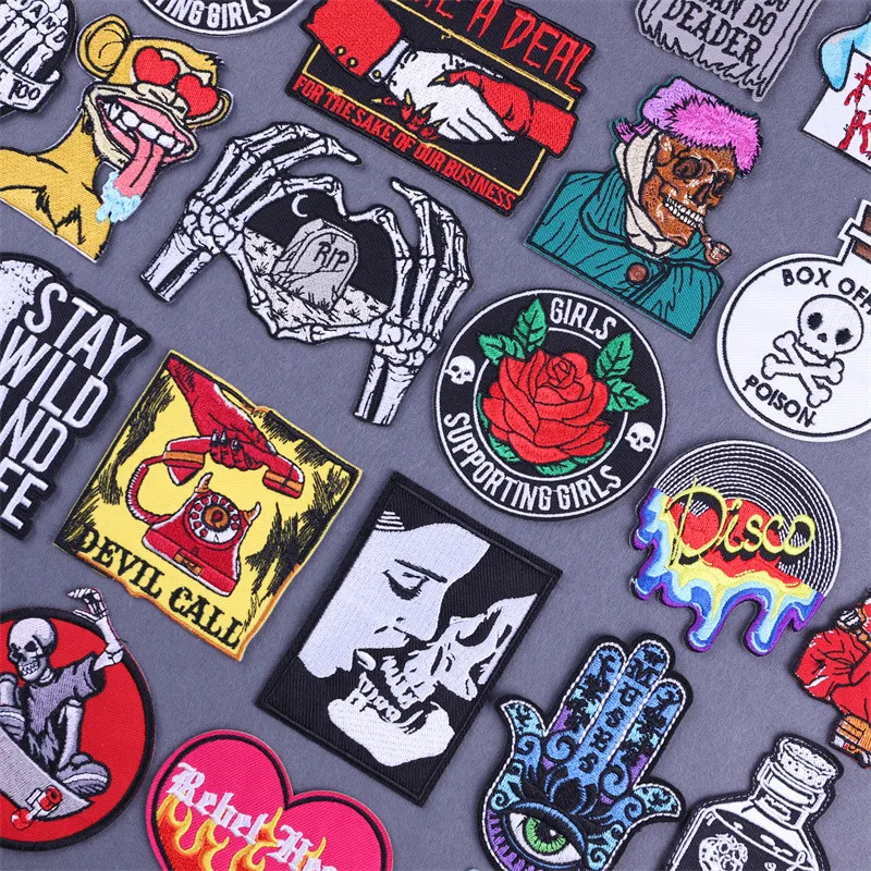 

Нашивки в стиле панк-рок с вышивкой на одежде, милые Мультяшные Термоаппликации в виде черепа, искусственных цветов