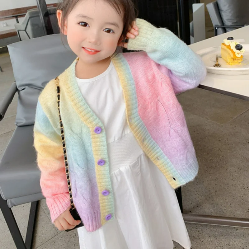 Купи Korean Button Down Cardigan Rainbow Knitted Cardigan Sweater Kids Girl Autumn Winter Sweet Sweater Coat Children Girls Casual за 964 рублей в магазине AliExpress